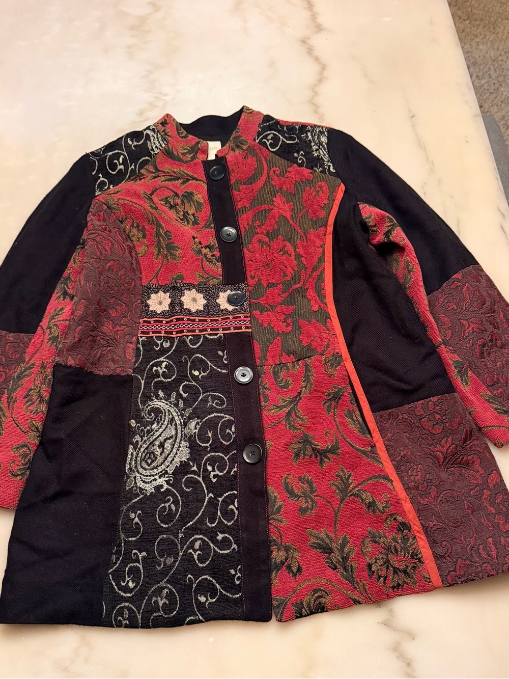 Chico's Red and Black Patchwork Floral Blazer